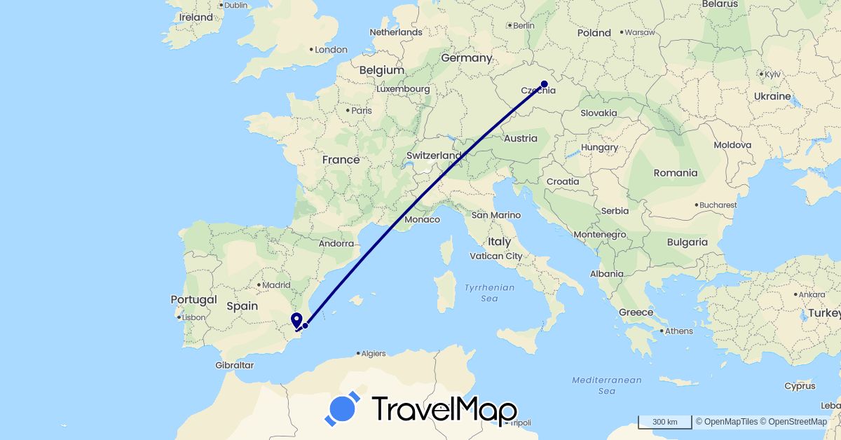 TravelMap itinerary: driving in Czech Republic, Spain (Europe)
